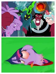 Size: 3106x4096 | Tagged: grimdark, artist:misterdavey, derpibooru import, edit, edited screencap, screencap, cozy glow, lord tirek, queen chrysalis, twilight sparkle, twilight sparkle (alicorn), alicorn, pony, smile hd, the ending of the end, abuse, alicornified, bad end, blood, cozycorn, death, decapitated, decapitation, edgy, murder, race swap, severed head, twilybuse, ultimate chrysalis, victorious villain