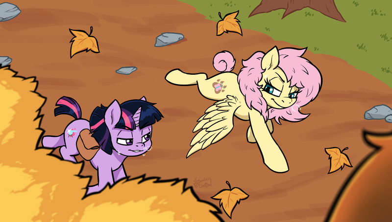 Size: 2153x1221 | Tagged: safe, artist:soulcentinel, derpibooru import, fluttershy, twilight sparkle, pony, fanfic:twin fates, alternate cutie mark, alternate hairstyle, alternate universe, autumn, bag, cover art, female, jewelry, leaves, ring, saddle bag, short hair, short tail, smiling, sweat