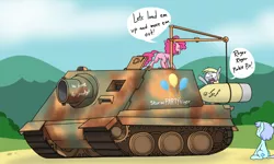 Size: 1758x1054 | Tagged: safe, artist:sandwich-anomaly, derpibooru import, derpy hooves, pinkie pie, earth pony, pegasus, pony, female, mare, partillery, sturmtiger, tank (vehicle)