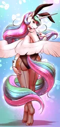 Size: 1800x3791 | Tagged: alicorn, anthro, artist:mykegreywolf, ass, both cutie marks, bunny ears, bunnylestia, bunny suit, butt, clothes, cuffs (clothes), derpibooru import, female, fishnet pantyhose, fishnets, leotard, looking at you, looking back, looking back at you, mare, playboy bunny, praise the sun, princess celestia, rear view, smiling, solo, solo female, stupid sexy celestia, suggestive, unguligrade anthro