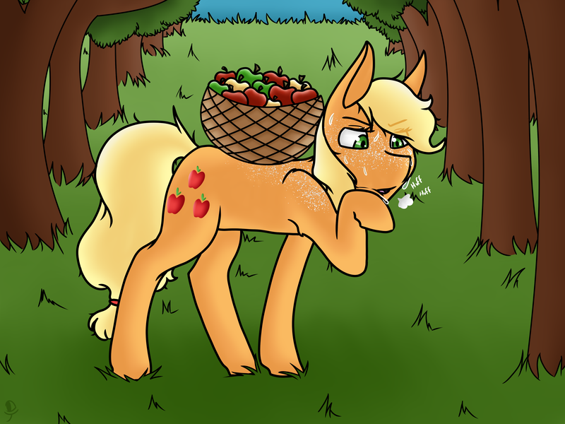 Size: 4000x3000 | Tagged: safe, artist:proudmuggle, derpibooru import, applejack, earth pony, pony, apple, apple tree, female, food, freckles, mare, solo, sweat, tree, working