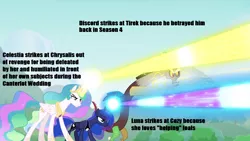 Size: 1362x768 | Tagged: alicorn, blast, caption, derpibooru import, discord, draconequus, edit, edited screencap, headcanon, image macro, impact font, magic, magic beam, magic blast, princess celestia, princess luna, safe, screencap, text, the ending of the end