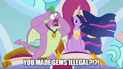 Size: 888x499 | Tagged: adult, adult spike, alicorn, derpibooru import, dialogue, edit, edited screencap, female, gigachad spike, male, mare, meme, older, older spike, older twilight, princess twilight 2.0, safe, screencap, shocked, spike, text, the last problem, twilight sparkle, twilight sparkle (alicorn)