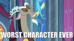 Size: 2000x1125 | Tagged: abuse, canterlot castle, canterlot throne room, caption, derpibooru import, discord, discordabuse, discord drama, drama, edit, edited screencap, eyes closed, image macro, impact font, meme, safe, screencap, solo, stained glass, text, the ending of the end