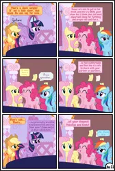 Size: 6508x9676 | Tagged: suggestive, artist:gutovi, derpibooru import, applejack, fluttershy, pinkie pie, rainbow dash, twilight sparkle, twilight sparkle (alicorn), alicorn, earth pony, pegasus, pony, comic:why me!?, alternate ending, applejack gets all the mares, bed, carousel boutique, comic, female, harem, lesbian, polyamory, polygamy, shipping, show accurate, show accurate porn, spread wings, sticky note, wingboner, wings