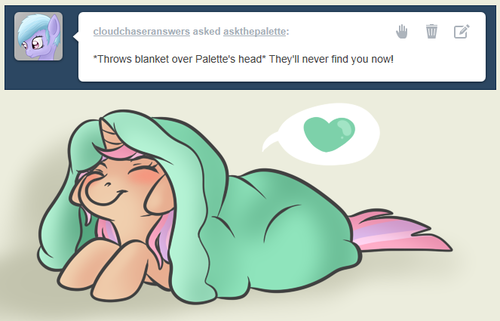 Size: 500x321 | Tagged: safe, artist:askthepalette, derpibooru import, oc, oc:shimmer palette, unofficial characters only, pony, unicorn, blanket, eyes closed, heart, prone