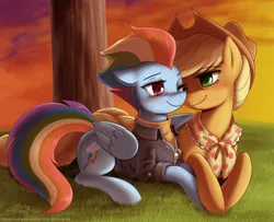 Size: 2000x1621 | Tagged: safe, artist:johnjoseco, derpibooru import, applejack, rainbow dash, earth pony, pegasus, pony, ask gaming princess luna, the last problem, alternate hairstyle, appledash, applejack's hat, clothes, cowboy hat, duo, female, granny smith's scarf, hat, headcanon, hug, lesbian, mare, older, older applejack, older rainbow dash, prone, shipping, smiling, winghug