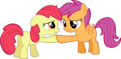 Size: 6650x3240 | Tagged: safe, artist:pangbot, derpibooru import, edit, editor:slayerbvc, vector edit, apple bloom, scootaloo, earth pony, pegasus, pony, accessory-less edit, female, filly, missing accessory, simple background, solo, transparent background, vector