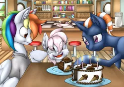 Size: 1063x752 | Tagged: safe, artist:ravvij, derpibooru import, surprise, oc, oc:wandering sunrise, unofficial characters only, earth pony, pegasus, pony, unicorn, fallout equestria, fallout equestria: dead tree, bar, bar stool, birthday, blue, bun, cake, candle, candy, clothes, concerned, cute, derp, drool, ears, eye, eyes, female, fire, food, funny, happy, hooves, horn, ice cream, ice cream cake, ice cream cone, ice cream shop, male, mane, mare, multicolored hair, parent, pink, poking, project deadtree, rainbow, rainbow hair, scoop, shirt, shoppe, slice, smiling, stallion, stool, table, wandering sunrise, white, wings, wooden