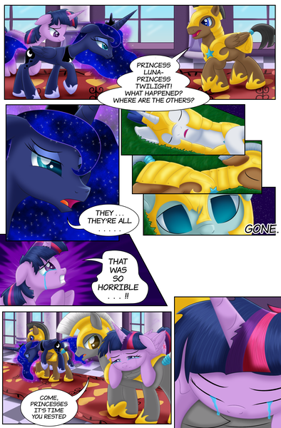 Size: 1800x2740 | Tagged: safe, artist:lifesharbinger, derpibooru import, princess luna, twilight sparkle, twilight sparkle (alicorn), alicorn, pegasus, pony, comic:curse and madness, armor, canterlot castle, canterlot castle interior, carpet, carrying, comic, crown, crying, day, female, implied death, jewelry, male, mare, morning, piggyback, regalia, royal guard, sad, speech bubble, stallion, text, tired, wings