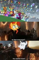 Size: 1907x2945 | Tagged: safe, derpibooru import, edit, edited screencap, screencap, amethyst star, ballista, billy (dragon), blaze, chancellor neighsay, chief thunderhooves, clump, firelight, fizzlepop berrytwist, flam, fleetfoot, flim, fume, gabby, garble, gilda, grampa gruff, greta, lemon hearts, little strongheart, lyra heartstrings, minuette, moondancer, night light, party favor, pharynx, prince rutherford, princess ember, prominence, rain shine, seaspray, sky beak, soarin', spear (dragon), spitfire, stellar flare, sunburst, tempest shadow, terramar, thorax, trixie, twilight velvet, zecora, changedling, changeling, dragon, gryphon, hippogriff, kirin, the ending of the end, avengers assemble, avengers: endgame, awesome, clothes, dialogue, doctor strange, endgame, equestria assemble, everycreature, everyone is here, everypony, evil grin, final battle, grin, king thorax, meme, portal, prince pharynx, smiling, text, uniform, wall of tags, wonderbolts uniform, wong