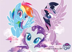 Size: 2079x1489 | Tagged: safe, derpibooru import, rainbow dash, rarity, twilight sparkle, twilight sparkle (alicorn), alicorn, pegasus, pony, unicorn, cloud, cutie mark eyes, enterplay, merchandise, my little pony logo, wingding eyes