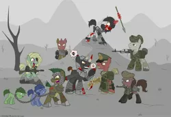 Size: 3000x2056 | Tagged: semi-grimdark, artist:ponyarchuk, derpibooru import, oc, unofficial characters only, earth pony, pony, unicorn, fallout equestria, fanfic, abuse, bandage, battle saddle, blood, cowboy hat, crazy face, dead tree, faic, fanfic art, female, filly, floppy ears, glowing horn, grin, gun, hat, hooves, horn, levitation, magic, male, mare, open mouth, rifle, scar, slave, slavery, smiling, solo, spear, stallion, stalliongrad, sword, telekinesis, tongue out, tree, weapon
