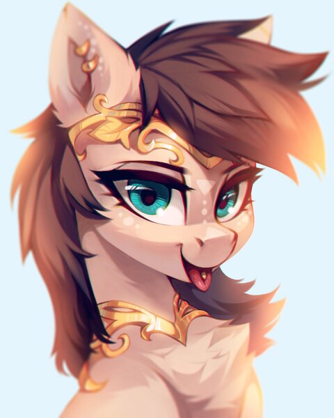 Size: 2400x3000 | Tagged: safe, artist:share dast, derpibooru import, oc, oc:kuri, unofficial characters only, pegasus, pony, bust, chest fluff, female, looking at you, mare, piercing, solo, tongue out