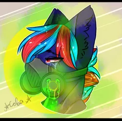 Size: 1900x1877 | Tagged: grimdark, artist:ilona furry, derpibooru import, oc, oc:hellfire, unofficial characters only, pony, alternate hairstyle, asphyxiation, blue fur, crying, fanfic art, foal, gas, gas mask, implied pegasus, male, mask, post-apocalyptic, raider, red eyes, slime, solo, teary eyes