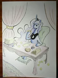 Size: 3024x4032 | Tagged: safe, artist:stink111, derpibooru import, princess luna, alicorn, pony, inkwell, pillow, quill, scroll, solo, table, traditional art