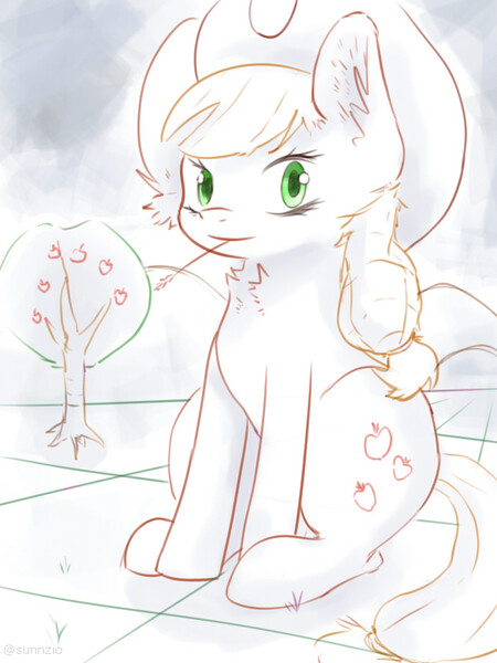 Size: 600x800 | Tagged: safe, artist:sunnzio, derpibooru import, applejack, earth pony, pony, apple, apple tree, chest fluff, female, food, hat, mare, sitting, sketch, straw in mouth, tree