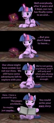 Size: 1200x2702 | Tagged: 3d, alicorn, artist:pika-robo, black background, book, comic, derpibooru import, end of an era, end of ponies, looking at you, purple text, safe, simple background, source filmmaker, talking to viewer, text, the ending of the end, twilight sparkle, twilight sparkle (alicorn)