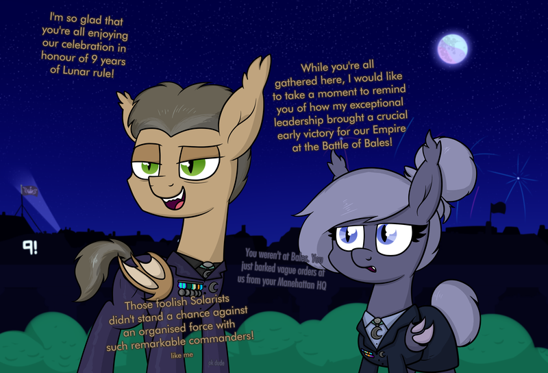 Size: 2924x1990 | Tagged: safe, artist:moonatik, derpibooru import, oc, oc:saturn hawkrich, oc:selenite, unofficial characters only, bat pony, pony, alternate timeline, bush, city, clothes, dialogue, fangs, female, flag, general, hair bun, happy birthday mlp:fim, implied princess celestia, male, mare, mare in the moon, medal, military uniform, mlp fim's ninth anniversary, moon, nightmare takeover timeline, slit eyes, stallion, stars