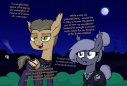 Size: 2924x1990 | Tagged: safe, artist:moonatik, derpibooru import, oc, oc:saturn hawkrich, oc:selenite, unofficial characters only, bat pony, pony, alternate timeline, bush, city, clothes, dialogue, fangs, female, flag, general, hair bun, happy birthday mlp:fim, implied princess celestia, male, mare, mare in the moon, medal, military uniform, mlp fim's ninth anniversary, moon, nightmare takeover timeline, slit eyes, stallion, stars