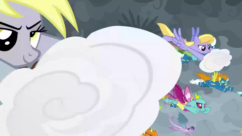 Size: 1280x720 | Tagged: safe, derpibooru import, screencap, blaze, cloud kicker, derpy hooves, fleetfoot, prominence, changedling, changeling, dragon, pegasus, pony, the ending of the end, cloud, epic derpy, flying, wonderbolts