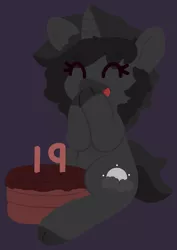 Size: 2230x3153 | Tagged: safe, artist:moonydusk, derpibooru import, oc, oc:moonlight disk, unofficial characters only, pony, unicorn, birthday candles, cake, eyes closed, female, food, mare, simple background, sitting