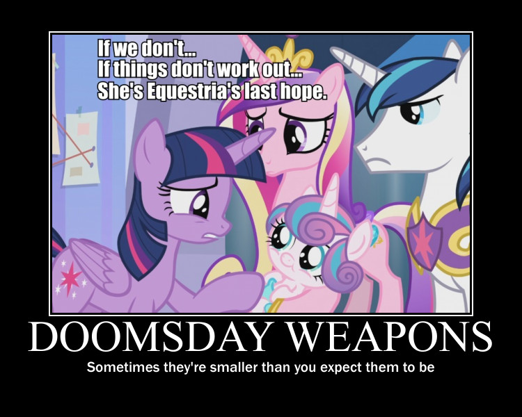 Size: 750x600 | Tagged: alicorn, caption, derpibooru import, doomsday weapon, edit, edited screencap, image macro, princess cadance, princess flurry heart, safe, screencap, shining armor, text, the ending of the end, twilight sparkle, twilight sparkle (alicorn)