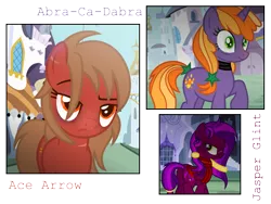 Size: 1911x1440 | Tagged: safe, artist:razorbladetheunicron, derpibooru import, abra-ca-dabra, oc, oc:ace arrow, oc:jasper glint, earth pony, pegasus, pony, unicorn, lateverse, base used, choker, clothes, exhausted, female, glowing eyes, mare, read description, scar, scarf, sick, simple background, transparent background