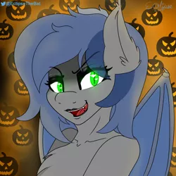 Size: 1500x1500 | Tagged: safe, artist:eclipsepenumbra, artist:eclipsethebat, derpibooru import, oc, oc:eclipse penumbra, unofficial characters only, anthro, bat pony, bat pony oc, bat wings, blood, bust, eye clipping through hair, fangs, wings