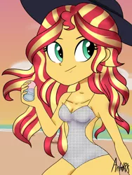 Size: 1536x2048 | Tagged: safe, artist:artmlpk, derpibooru import, sunset shimmer, equestria girls, adorasexy, beach, breasts, cleavage, clothes, cute, glass, hat, looking at you, one-piece swimsuit, polka dot swimsuit, sexy, shimmerbetes, sitting, smiling, solo, sun hat, sunset, swimsuit, white swimsuit