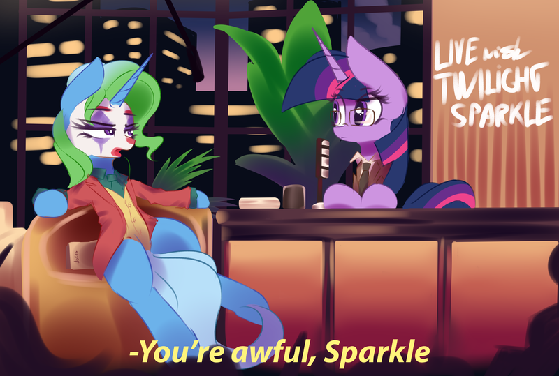 Size: 4037x2721 | Tagged: safe, artist:nevobaster, derpibooru import, trixie, twilight sparkle, ponified, pony, unicorn, arthur fleck, chair, city, clothes, crossover, eyeshadow, face paint, female, flower, frown, glare, glasses, joker (2019), lidded eyes, makeup, mare, movie, murray franklin, necktie, reference, sitting, suit, table, the joker, this will end in death, this will end in tears, this will end in tears and/or death, wide eyes