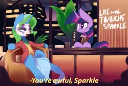 Size: 4037x2721 | Tagged: safe, artist:nevobaster, derpibooru import, trixie, twilight sparkle, ponified, pony, unicorn, arthur fleck, chair, city, clothes, crossover, eyeshadow, face paint, female, flower, frown, glare, glasses, joker (2019), lidded eyes, makeup, mare, movie, murray franklin, necktie, reference, sitting, suit, table, the joker, this will end in death, this will end in tears, this will end in tears and/or death, wide eyes