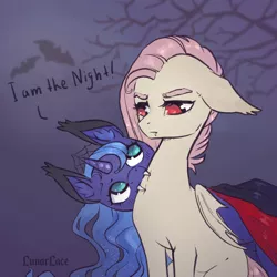 Size: 1200x1200 | Tagged: safe, artist:lunarlacepony, derpibooru import, fluttershy, princess luna, bat pony, pony, vampire, bat ponified, biting, clothes, costume, cute, duo, fangs, female, flutterbat, fluttershy is not amused, i am the night, lunabat, lunabetes, mare, monster mare, nightmare night, race swap, shyabates, shyabetes, unamused