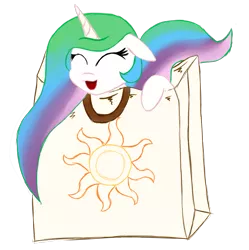 Size: 1108x1112 | Tagged: safe, artist:wut, derpibooru import, princess celestia, pony, bag, cute, cutelestia, female, mare, pony in a bag, reference, simple background, smol, solo