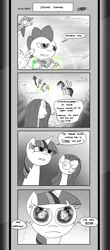 Size: 1451x3300 | Tagged: safe, artist:loreto-arts, derpibooru import, pinkie pie, rainbow dash, spike, twilight sparkle, dragon, pony, comic:friendship is innuendo, comic:friendship is innuendo vol. 2, comic, goddammit pinkie, monochrome, neo noir, partial color, pinkamena diane pie, scepter, twilight scepter, winged spike