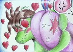 Size: 2339x1654 | Tagged: safe, artist:3500joel, derpibooru import, twilight sparkle, oc, oc:pencil sketch, pony, annoyed, blushing, butt, butt touch, butthug, female, heart, heart eyes, hug, male, mare, plot, raised tail, stallion, tail, traditional art, wingding eyes