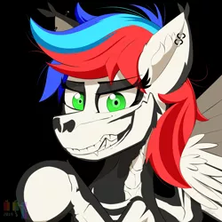 Size: 3035x3035 | Tagged: safe, artist:pedalspony, derpibooru import, oc, oc:pedals, unofficial characters only, pegasus, pony, bodypaint, bone, clothes, costume, ear piercing, eyeshadow, fangs, grin, halloween, holiday, looking at you, makeup, piercing, skeleton, skeleton costume, skull, smiling, spooky, teeth, wings