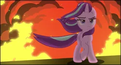 Size: 8050x4350 | Tagged: safe, artist:estories, derpibooru import, starlight glimmer, pony, unicorn, the ending of the end, absurd resolution, badass, cool guys don't look at explosions, epic, explosion, female, frown, lidded eyes, like a boss, mare, solo, starlight glimmer in places she shouldn't be, walking away, walking away from explosion, windswept mane