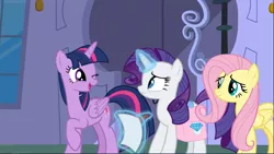 Size: 1668x940 | Tagged: safe, derpibooru import, screencap, fluttershy, rarity, twilight sparkle, twilight sparkle (alicorn), alicorn, pegasus, pony, unicorn, the ending of the end, bag, cropped, female, glowing horn, horn, levitation, looking at each other, magic, mare, one eye closed, open mouth, paper, raised hoof, saddle bag, smiling, telekinesis, trio, wink