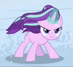Size: 1023x941 | Tagged: safe, derpibooru import, screencap, starlight glimmer, pony, unicorn, the ending of the end, badass, cropped, crouching, determined, female, glowing horn, horn, magic, mare, snow, solo