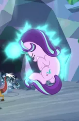 Size: 562x860 | Tagged: safe, derpibooru import, screencap, discord, starlight glimmer, draconequus, pony, unicorn, the ending of the end, cropped, eyes closed, female, floating, glowing horn, horn, magic, magic aura, mare, offscreen character, solo focus