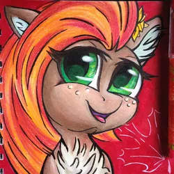 Size: 894x894 | Tagged: safe, artist:gleamydreams, derpibooru import, oc, oc:faunia, unofficial characters only, earth pony, pony, bust, chest fluff, ear floof, flower, flower in hair, freckles, green eyes, looking at you, maple leaf, orange hair, redhead, simple background, smiling, smiling at you, solo, traditional art