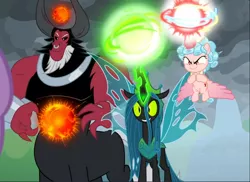 Size: 1292x939 | Tagged: alicorn, alicornified, cozycorn, cozy glow, cropped, derpibooru import, evil grin, glowing horn, grin, horn, lord tirek, magic, powerful, queen chrysalis, race swap, safe, screencap, slasher smile, smiling, the ending of the end, trio, ultimate chrysalis