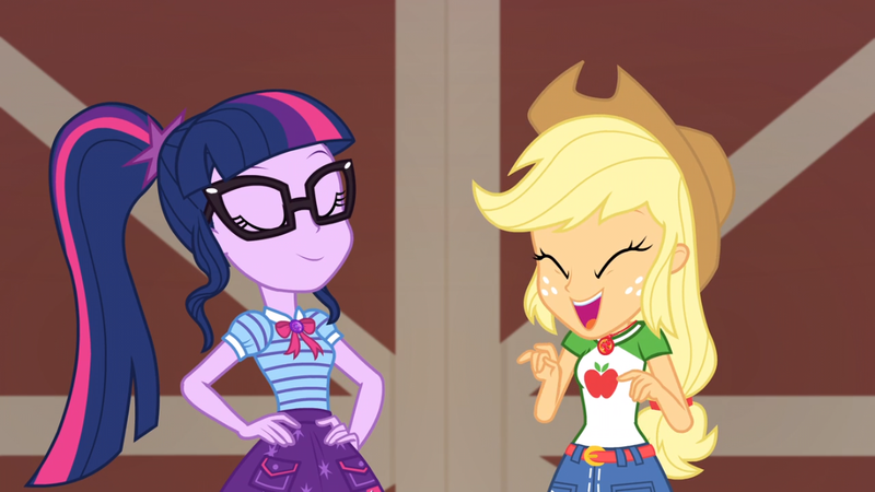 Size: 1164x655 | Tagged: safe, derpibooru import, screencap, applejack, sci-twi, twilight sparkle, equestria girls, equestria girls series, holidays unwrapped, spoiler:eqg series (season 2), female, geode of telekinesis, glasses, laughing, magical geodes, ponytail, smiling, smug