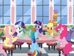 Size: 1221x939 | Tagged: safe, derpibooru import, screencap, applejack, fluttershy, pinkie pie, rainbow dash, rarity, spike, twilight sparkle, twilight sparkle (alicorn), alicorn, dragon, earth pony, pegasus, pony, unicorn, the ending of the end, applejack's hat, cowboy hat, cropped, donut, donut shop, eating, female, food, freckles, glowing horn, group, hat, horn, levitation, looking at each other, magic, male, mane six, mare, puffy cheeks, sitting, table, telekinesis
