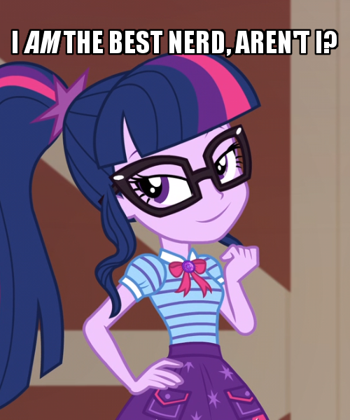 Size: 500x600 | Tagged: safe, derpibooru import, edit, edited screencap, screencap, sci-twi, twilight sparkle, equestria girls, equestria girls series, holidays unwrapped, spoiler:eqg series (season 2), caption, cropped, female, geode of telekinesis, glasses, image macro, laughing, magical geodes, meme, nerd, plusplus, ponytail, smiling, smug, solo, text