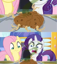 Size: 1366x1530 | Tagged: comic, derpibooru import, disgusted, edit, edited screencap, fluttershy, food, hoof hold, potato, rarity, rotting, safe, screencap, screencap comic, smelly, the ending of the end, vile, yuck