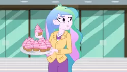 Size: 1164x655 | Tagged: safe, derpibooru import, screencap, princess celestia, equestria girls, equestria girls series, holidays unwrapped, spoiler:eqg series (season 2), cake, cakelestia, clothes, crumbs, cupcake, female, food, imagine spot, pistachio cream cupcake, principal celestia, solo, this will end in weight gain, winter break-in