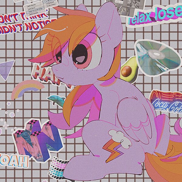 Size: 2048x2048 | Tagged: safe, artist:poneko-chan, derpibooru import, rainbow dash, dolphin, pegasus, pony, abstract background, aesthetics, avocado, coca-cola, disc, eye clipping through hair, female, food, mare, microsoft, nintendo 64, rainbow, retro, sitting, solo, windows, windows 95