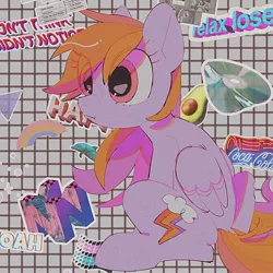 Size: 2048x2048 | Tagged: safe, artist:poneko-chan, derpibooru import, rainbow dash, dolphin, pegasus, pony, abstract background, aesthetics, avocado, coca-cola, disc, eye clipping through hair, female, food, mare, microsoft, nintendo 64, rainbow, retro, sitting, solo, windows, windows 95